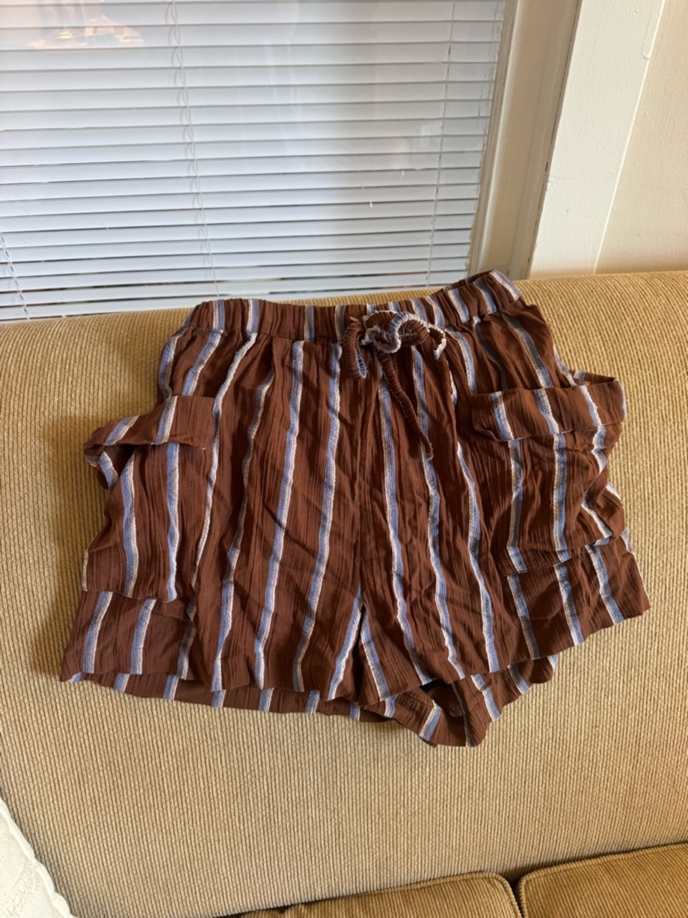 Free People Striped Brown Drawstring Shorts